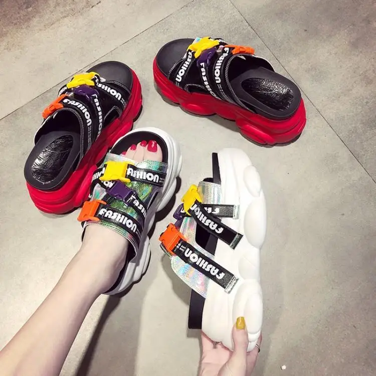 

Mixed Color Platform Sandals Women Peep Toe Chic Bag Buckle Summer Ladies Shoes Slip On Female Mules Sandalias Mujer Designer
