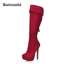 Batzuzhi/модные женские ботинки в итальянском стиле женские высокие сапоги из Красной замши на платформе и очень высоком каблуке 14 см и платформе 3 см зимние ботинки