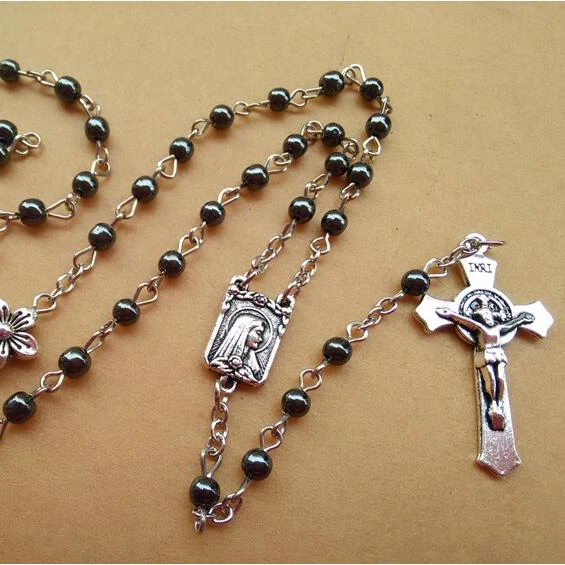 New Fashion Antique Religious Jewelry Metal Flower Black Stone Jesus