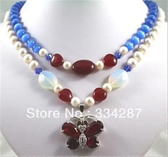 

Charming 2 row white pearl & mixed stone necklace +red zircon butterfly pendant