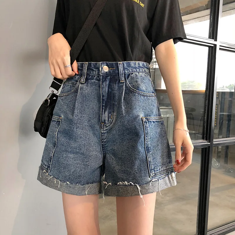 

S-XL Summer Women Denim Shorts 2019 korean ins style roll up pocket High Waist Shorts Jeans Short Femme (72677)