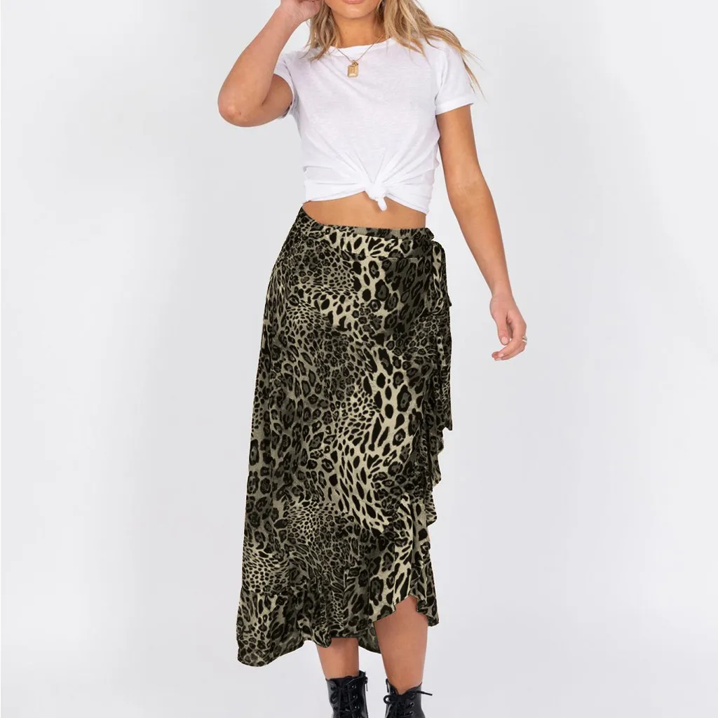 Irregular Hem Chic Beach Wrap Skirt Top Quality Fashion Women Leopard Print Elastic Waist Bandage Ruffles Casual | Женская одежда