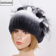 Новое поступление женский хороший эластичный Настоящий мех кролика шапочки шапки зимние теплые натуральный мех шапки женские вязаные натуральный мех шапка