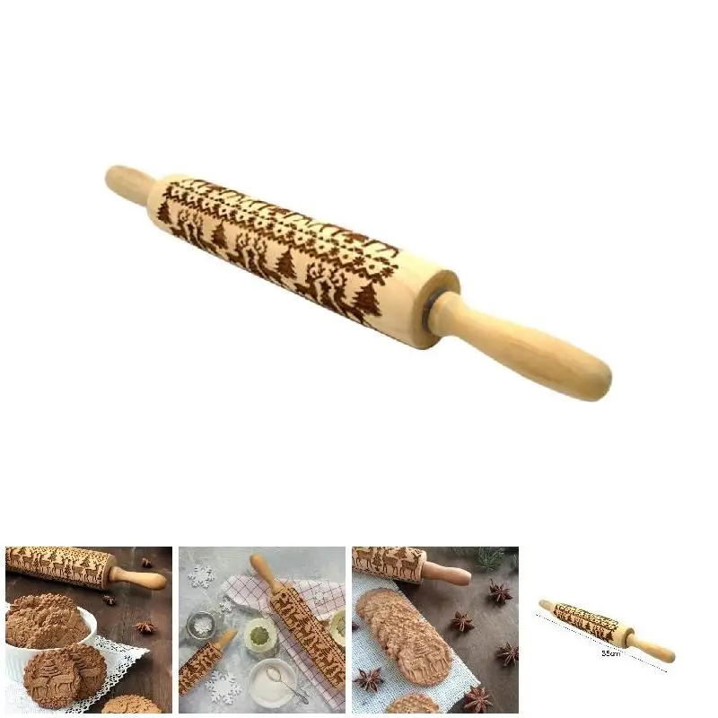 

2018 Christmas Rolling Pin Engraved Carved Wood Embossed Rolling Pin Kitchen Tool DC112
