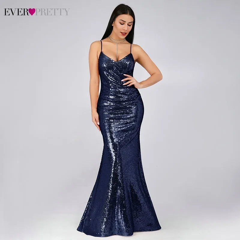 Ever Pretty Robe De Soiree New Burgundy Sexy V Neck Spaghetti Straps Sequins Evening Dresses Long Party Gowns EP07339BD - Color: Navy Blue