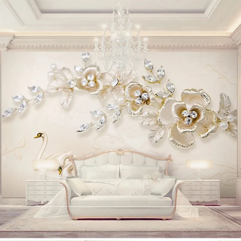 

Custom 3D Fabric Textile Wallcoverings For Walls Matt Silk For Living Room Murals Flower With Diamond luxury European Background