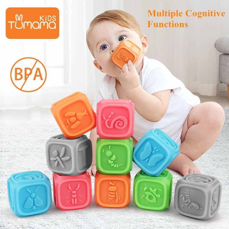 

Tumama Block 10pcs/set Baby Grasp Toy Silicone Geometric Shape 3D Building Blocks For Children Hand Balls Soft Bath Toys For Kid