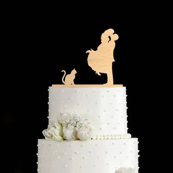 Жених и невеста с домашними животными деревянный Свадебный Торт Топперы, деревянный силуэт Свадебный Праздничный торт Топпер украшения поставки