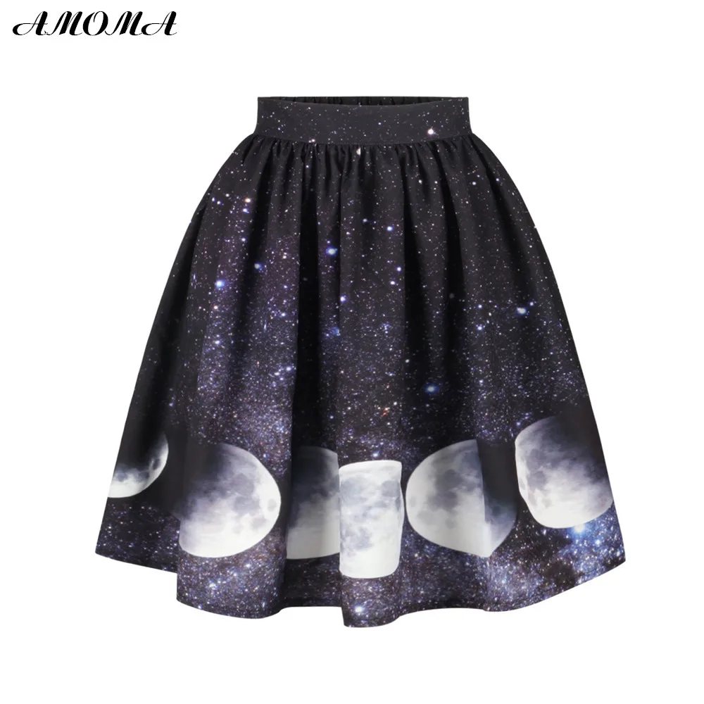 

AMOMA Women 3D Print Ball Gown Casual Colorful Skirt For Ladies Moon