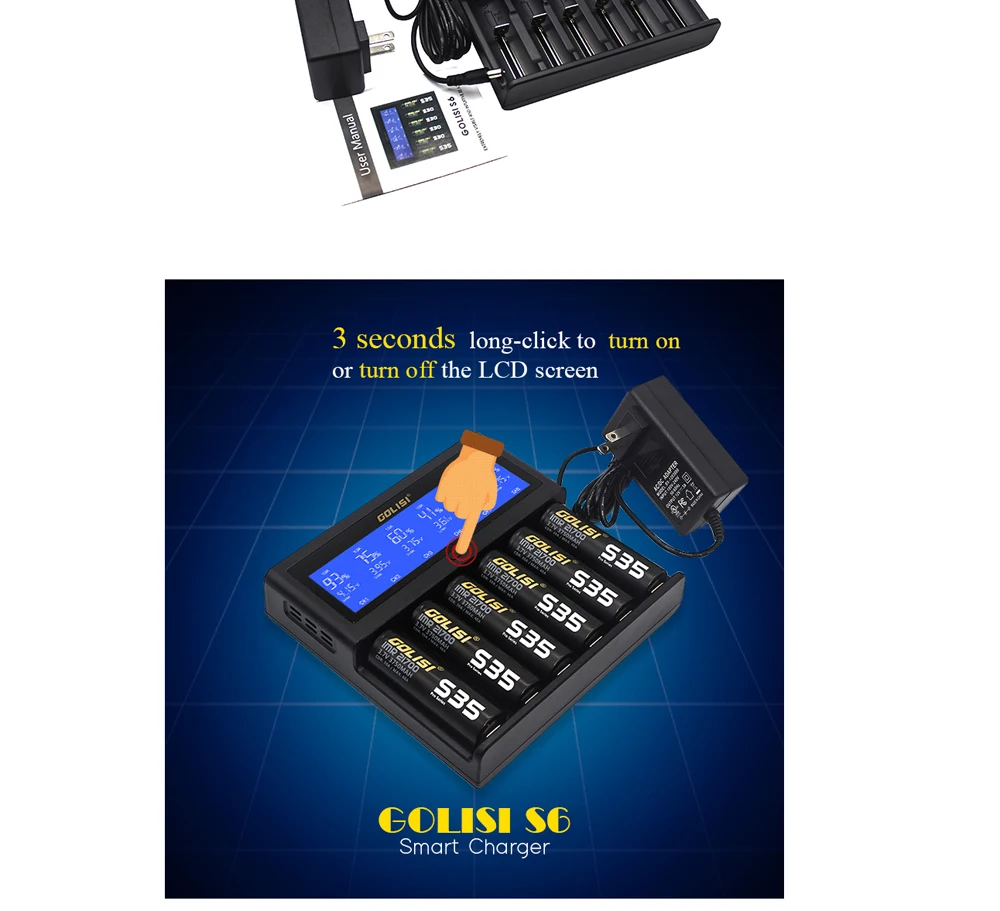 Original GOLISI S6 intelligent charger Big LCD display compatible with Ni-mh/ Ni-cd, and 3.6V/3.7V cylindrical For 6 battery