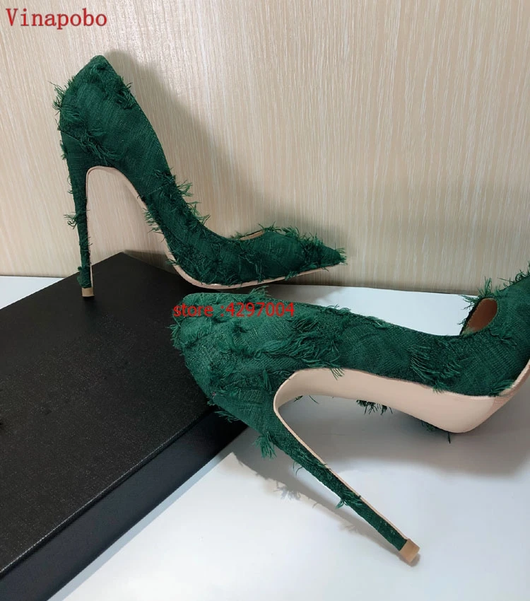 Модная шерстяная бахрома; зеленые туфли-лодочки на высоком каблуке; вечерние женские свадебные туфли на шпильке; брендовые босоножки на высоком каблуке; Размеры 35-43