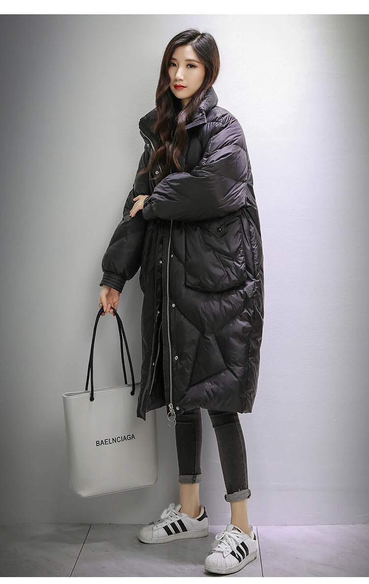 Пуховики женские длинные свободные пальто 2019 новый стиль черный белый утиный пух теплые зимние пальто женская верхняя одежда QA37