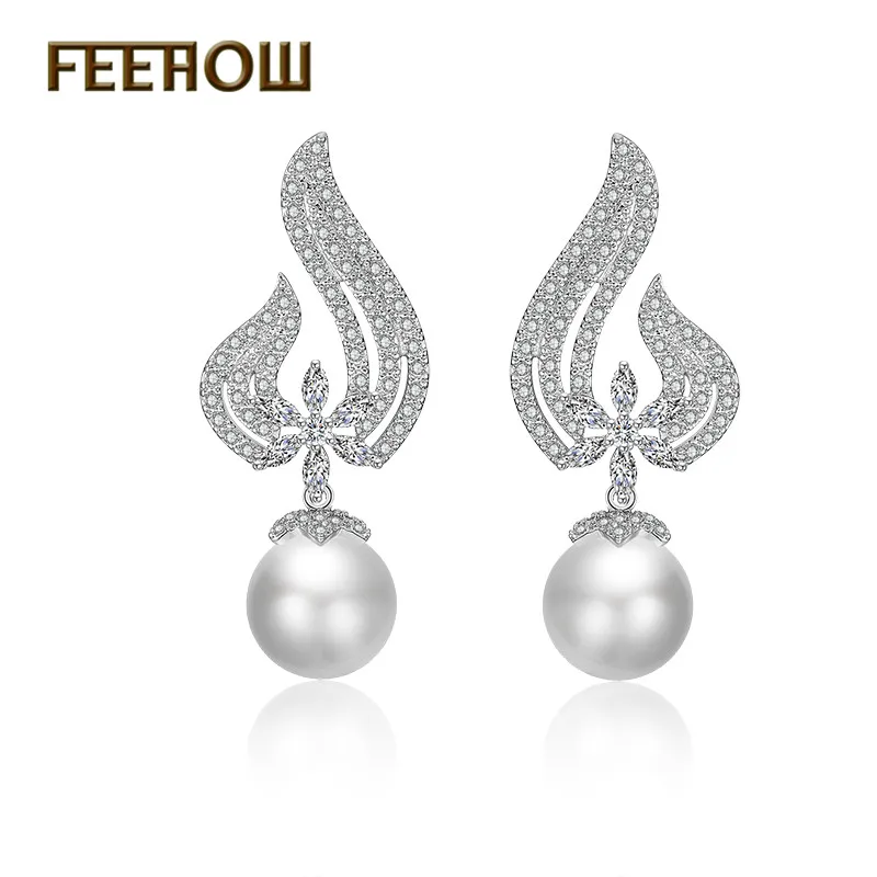 

FEEHOW New Imitation Pearl & Crystal Flower Leaf Angel Wings Geometry Drop Earrings For Women Wedding Ear Jewelry FWEP355