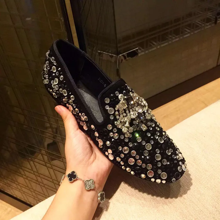 

kqaoqao 2018 Cow Suede Mens Loafers Mocasines Hombre Slip On Men Dress Shoes Transparent Rhinestones Men Flats Zapatillas Hombre