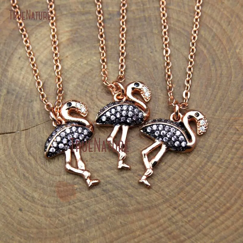 20180126-NM10392- Micro Pave Pink Zircon Electroplating Rose Gold Flamingo Necklace Copper Necklace