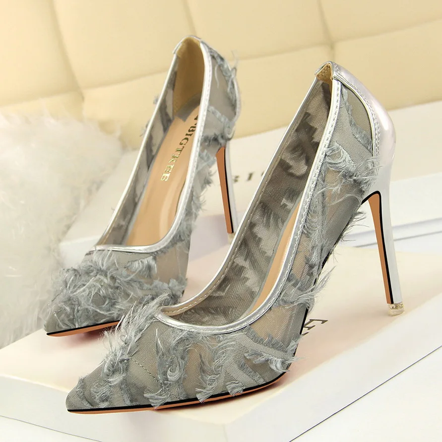 

2019 Spring Women Lady Sexy Pumps Sandals shallow pointed high heeled shoes thin netted hollowed fluffy single shoes .DS-501-1