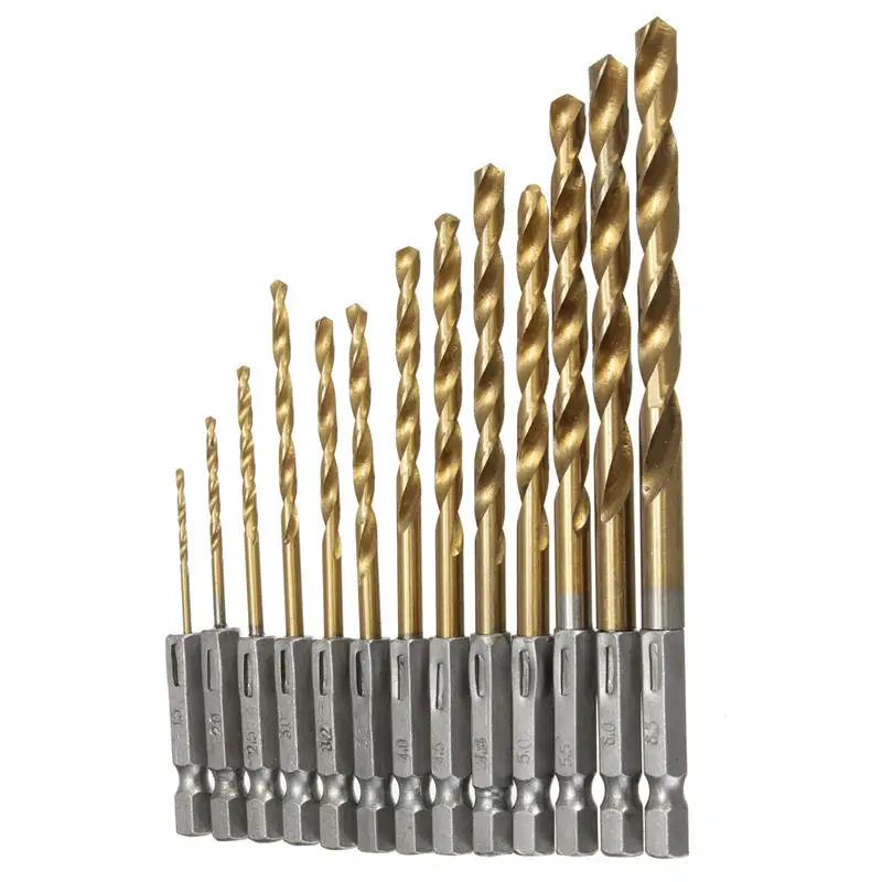 

13PC HSS High Speed Steel Titanium Coated Drill Bit Set 1/4 Hex Shank 1.5-6.5mm Twist Drill Woodworking Metal Tools Set