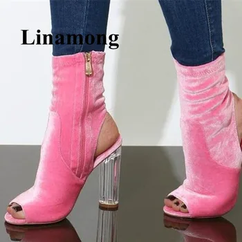 

Hottest Fashion Ankle Boots Round Heel Peep Toe Flock Solid Spring Autumn Side Zipper Women Boots High Quality Noamal Size