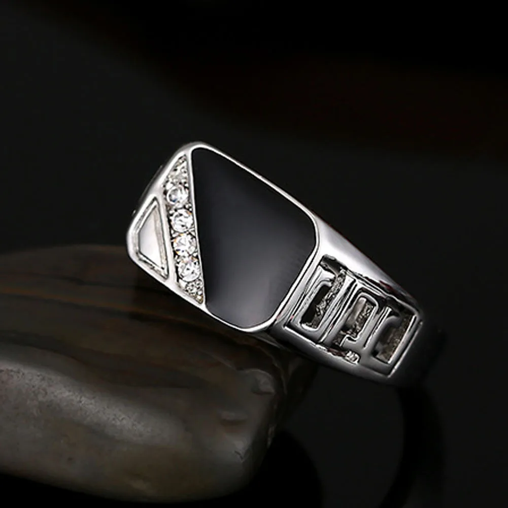 Classic Rhinestone Men Ring Black Enamel Male Finger Rings Best Selling