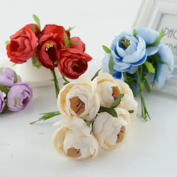 

6pcs tea bud artificial flowers for wedding car decoration handicraft DIY bride bouquet Decorative wreath stamens silk Flower