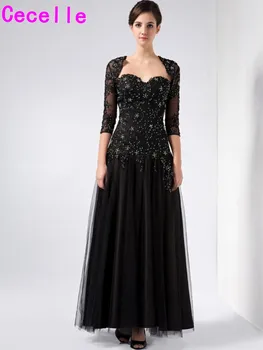 

A-line Long Black A-line Beaded Tulle Mother Of The Bride Dresses With Jackets Sweetheart Elegant Dresses For Mother of Bride