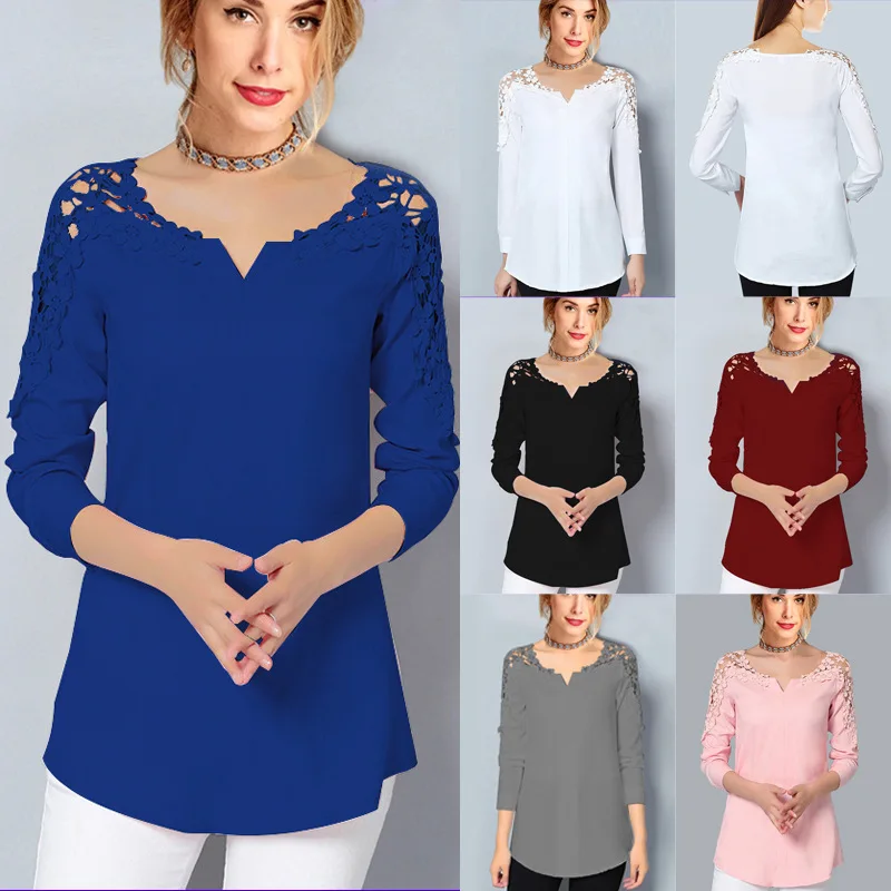 

Women's Elegant Shirt with Embroidered Lace T-S Long Sleeve Pullover Lightweight V Neck for Spring Summer Autumn