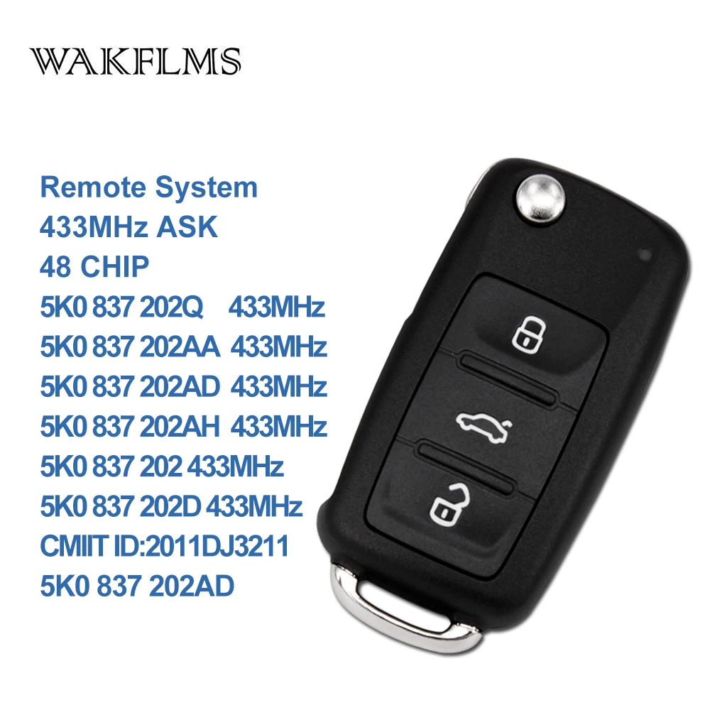 

OEM Original 3btn remote key 5K0837202AD/202AA/202AH/202D 434MHZ for VW PASSAT GOLF POLO REMOTE KEY FOB with 48 CHIP