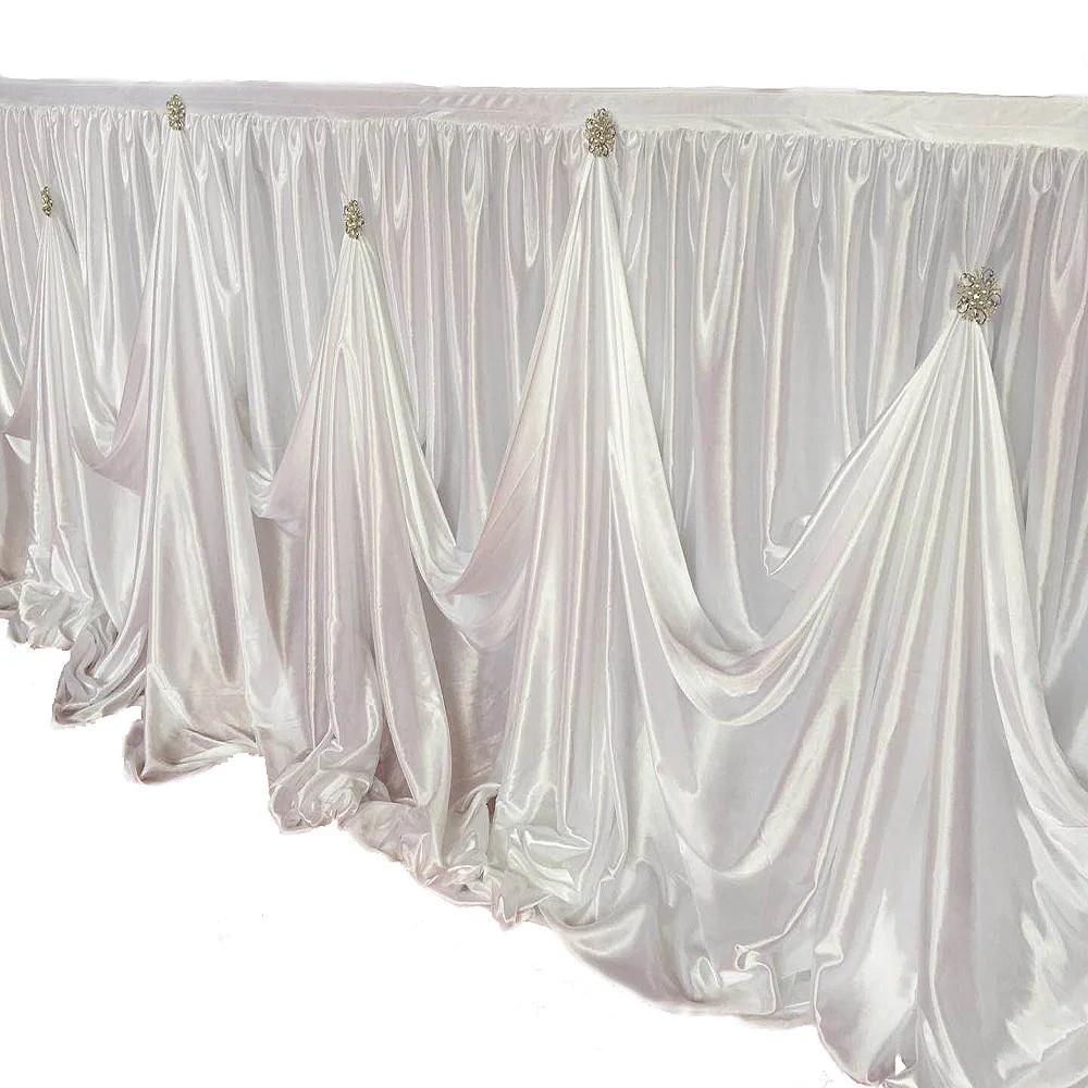 

Top Selling White Ice Silk Gold or Silver Brooch Designed Waved Table Skirt Stage Skirt Wedding Party Decoration