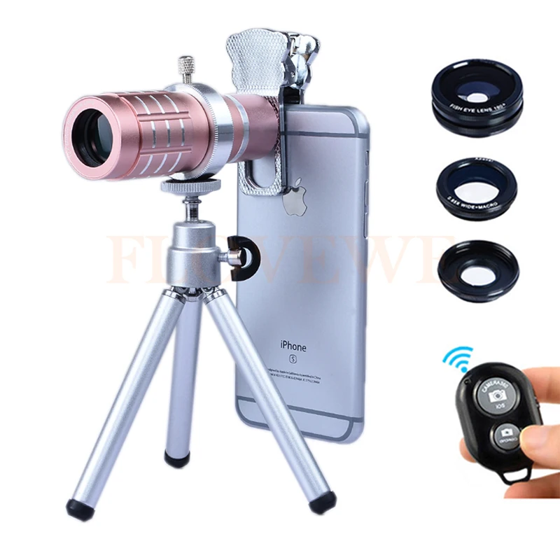 

Phone Camera Lenses Kit 12x Zoom TelephotoTelescope Lentes+Fish Eye Wide Angle Macro Lens+Tripod Holder+Bluetooth Control