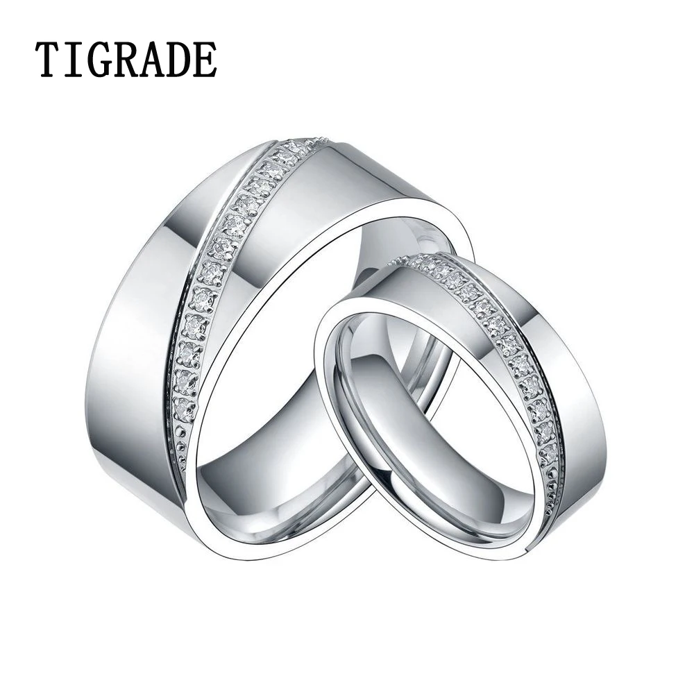 

High Polished Couple Rings Wedding Band Titanium CZ Stone Ring Love Set Jewelry