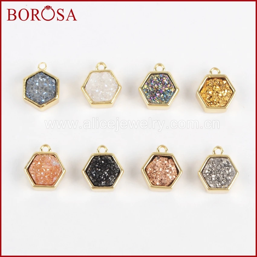 

BOROSA Fashion Hexagon Gold Color Bezel Natural Stone Titanium Rainbow Charm Beads Druzy Pendant for Jewelry Making ZG0139