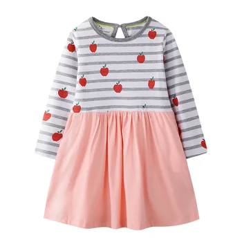 

Cute soft cotton long sleeve apples stripe back to school baby girl dress