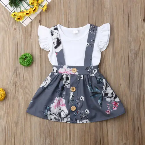 

Summer Fashion Floral Print Button Sleeveless New Toddler Kids Baby Girls Dresses Outfits Jumpsuits T-shit Short Clothes Sets