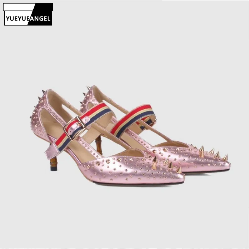 

Sexy Women Pointed Toe Rivets Summer Sandals Party Stilettos Elegant Ladies Genuine Leather Shoes Plus Size Med Heels Sandalias
