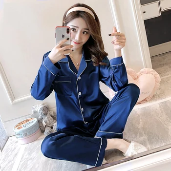 

Summer And Spring New Women Lovely Print Cartoon 2 Pcs Shirt&pant Comfortable Satin Sleepwear Elegant Turn-down Collar Nightwear
