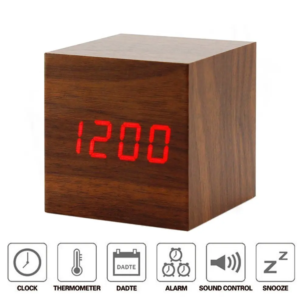

EAAGD Alarm Clock Small Cube Wood Clock LED Mute Bedside Clock Temperature Digital Clock with Sound Control Function