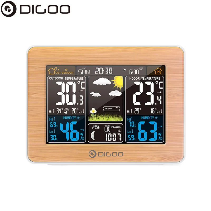 

DIGOO DG-EX002 Weather Station Color Digital Clock Temperature Humidity Sensor Thermometer Forecast Desk Table LCD Alarm Clock