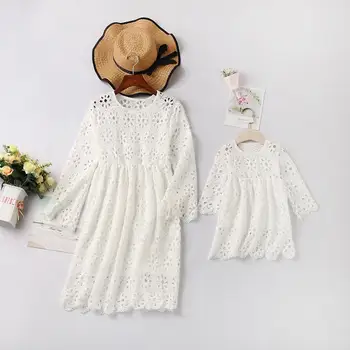 

2019 Spring Autumn Parent-child Long Sleeve Lace dress Girls Adult Fashion dress white color