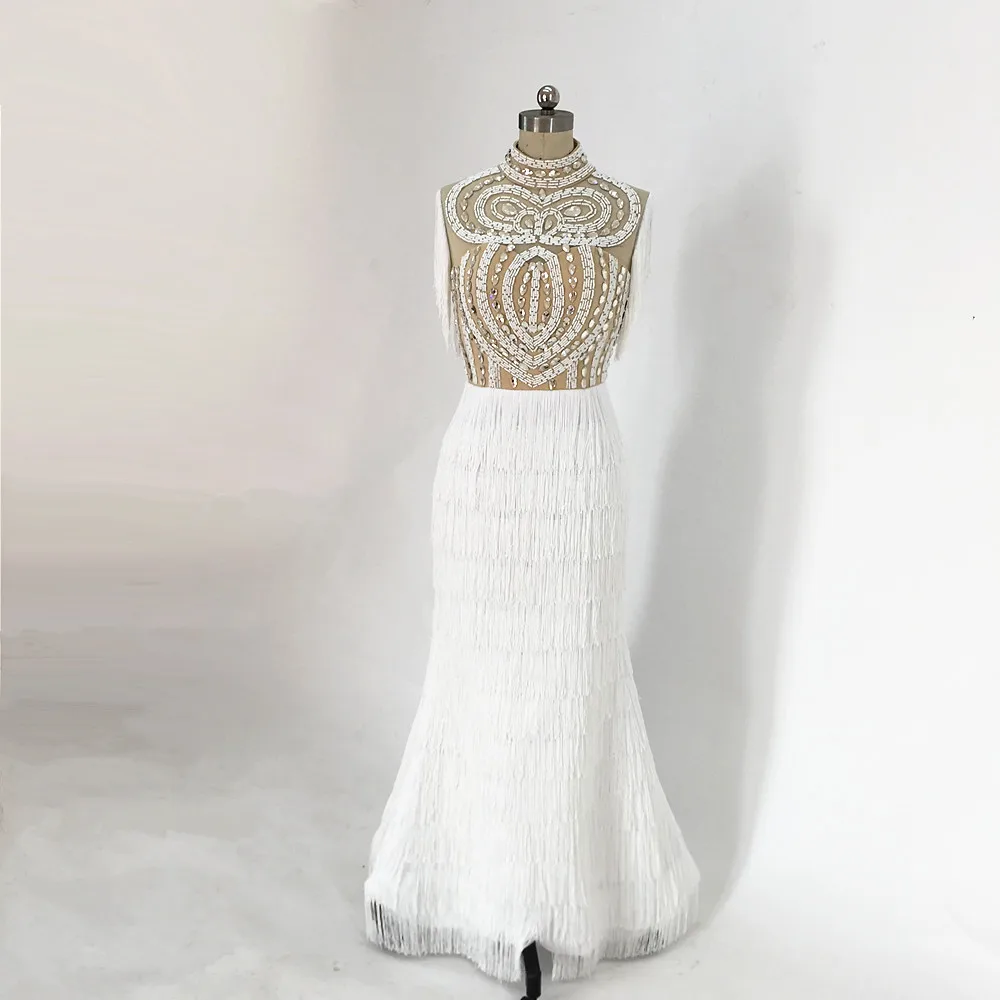 Белое платье русалки для выпускного вечера, иллюзия, вечернее платье с высоким горлом, с кисточками, из бисера, с перьями, Формальное вечернее платье на молнии сзади