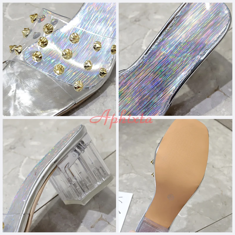 Aphixta/прозрачные шлепанцы; женская обувь; шлепанцы на квадратном каблуке; женские цветные модельные туфли; стразы на каблуке с заклепками