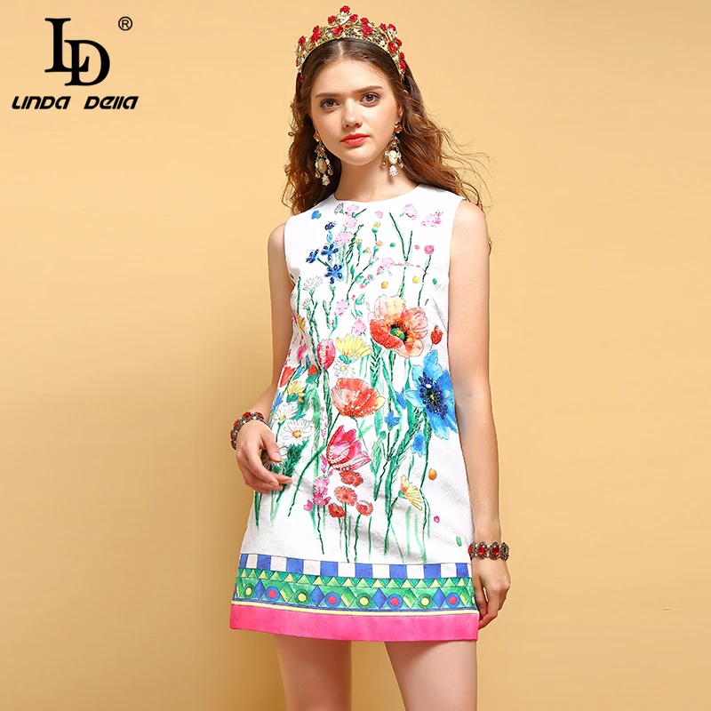 

LD LINDA DELLA New Fashion Summer Dress Women's Beading Sequined Appliques Floral Printed Elegant Casual Ladies Vacation Dresses