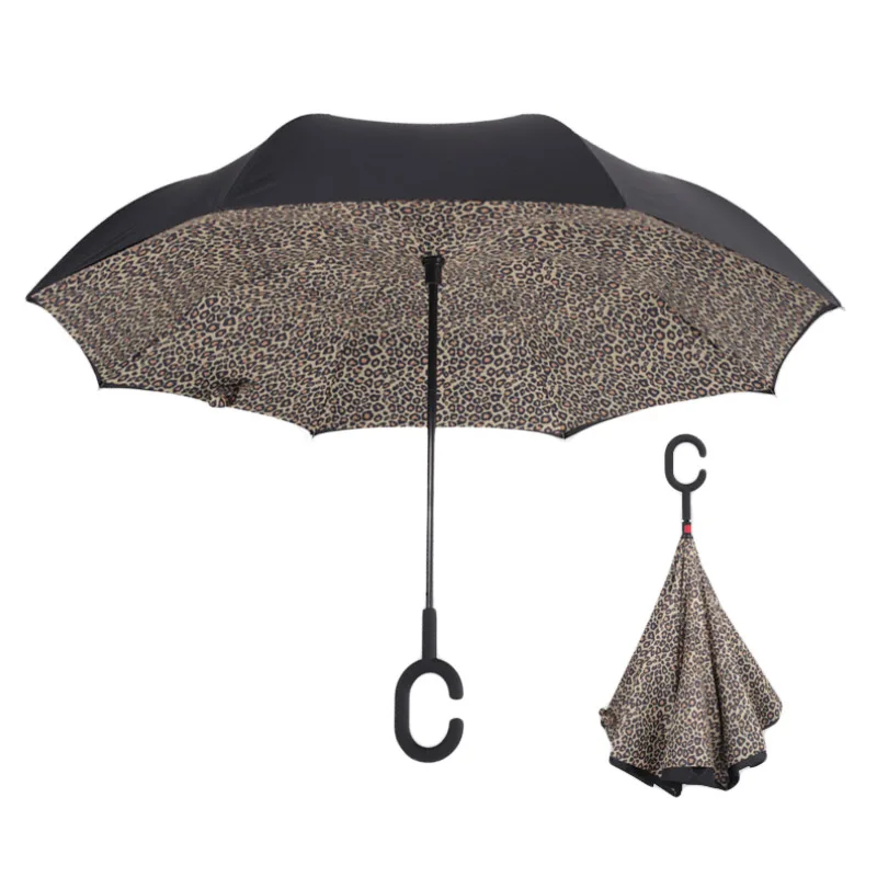 Ветрозащитный обратный зонтик двойной слой складной длинной ручкой зонты для женщин УФ Защита неавтоматическая C Unbrella для автомобиля - Цвет: Leopard