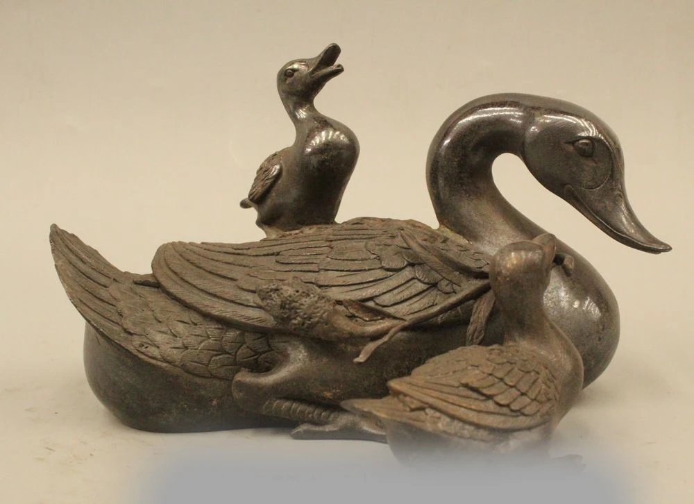 

Chinese Fengshui Pure Bronze Duck Swan Mother Son Animal Statue Sculpture