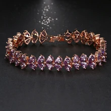 Top Quality Pearl Cut Purple Rhinestone CZ Stone Charm Bracelets For Women Rose font b Gold