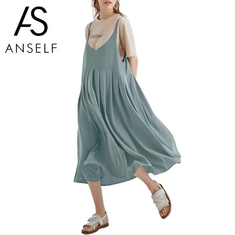 

Anself 4XL 5XL Plus Size Ladies Dresses Women Vintage Loose Cotton Dress Spaghetti Straps High Waist Solid Casual Kpop Dresses