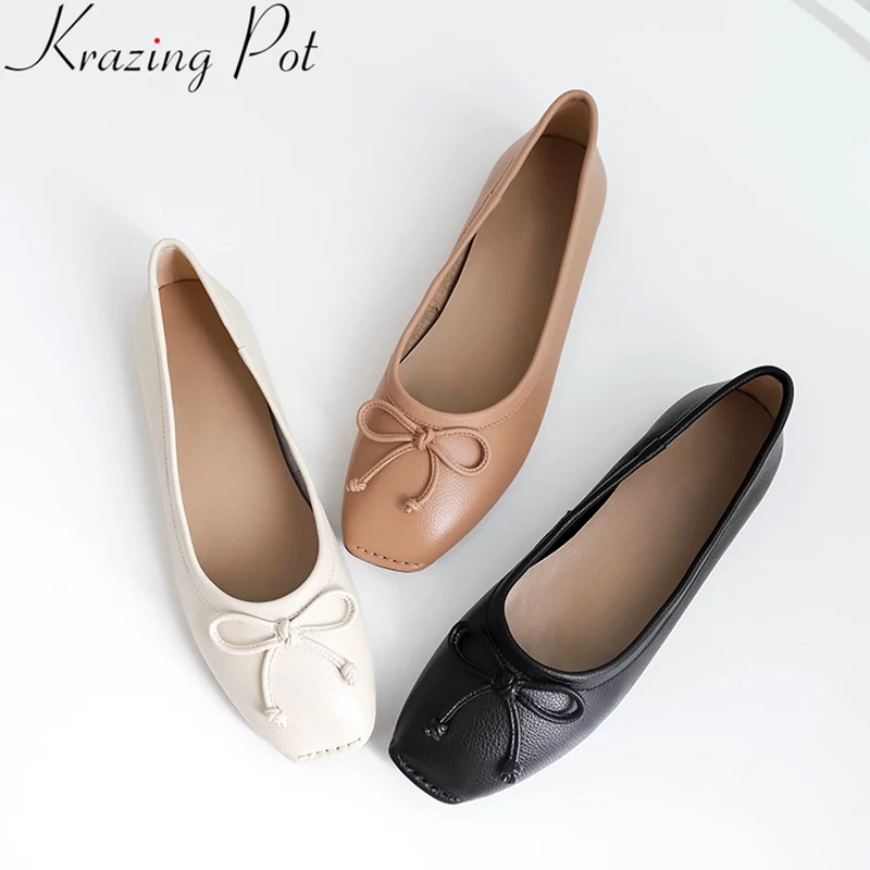

Krazing Pot preppy style butterfly-knot ballet flats full grain leather shallow slip on comfortable brand leisure boat shoes L89