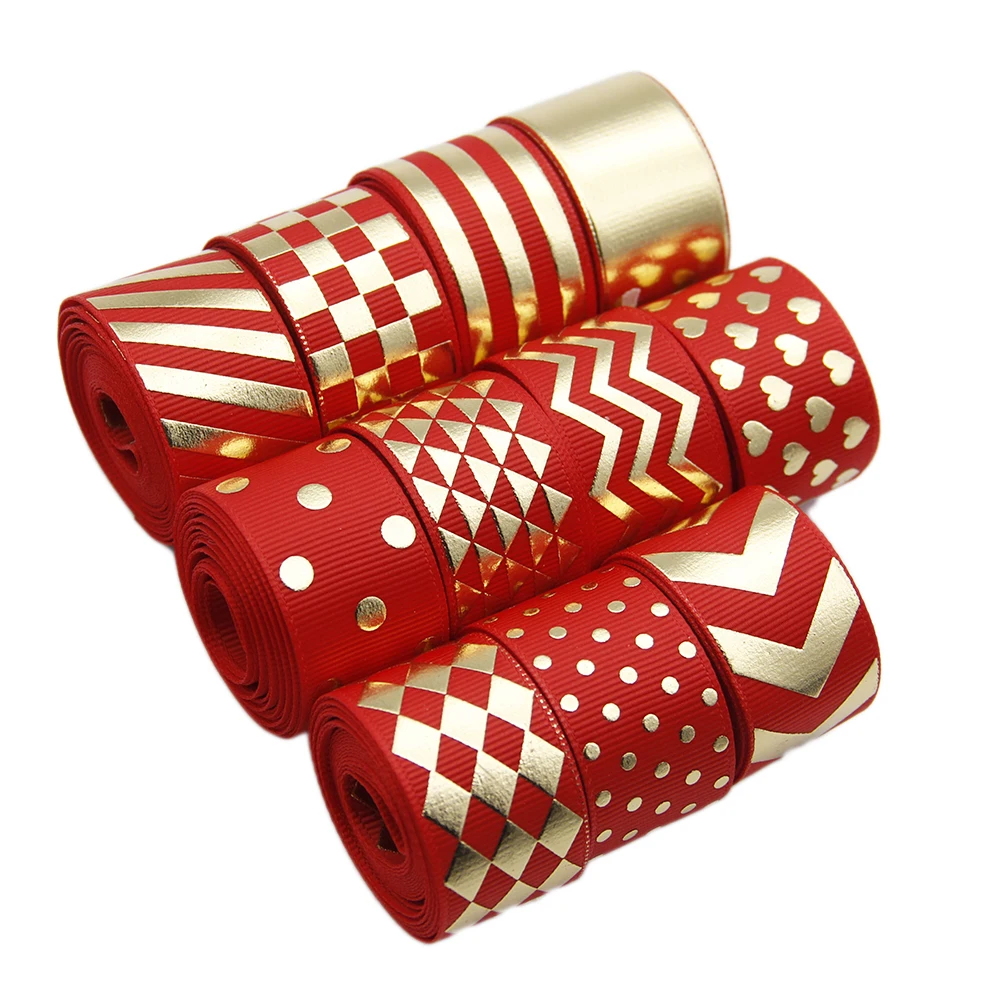 

New 11rolls/Set Gold Foil Stripe Printed Grosgrain Ribbon Fabric DIY Wrapping/Party/Hair Bow Decor Sewing 5yard/Roll,1Yc6172