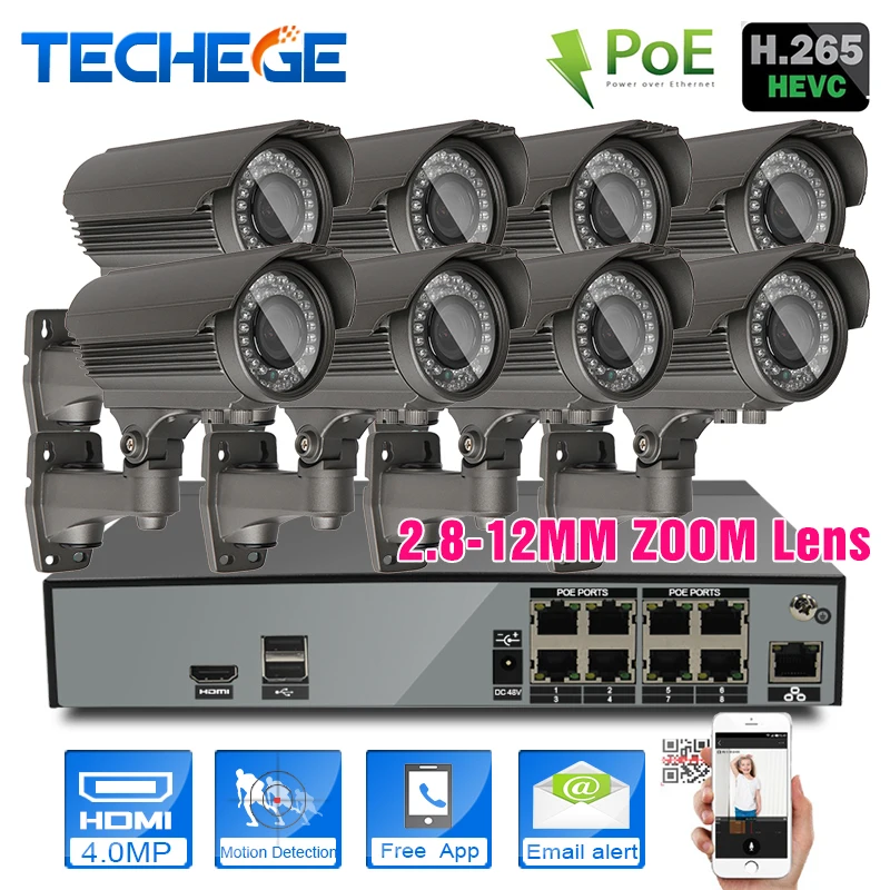  H.265 8CH 5MP 48V Real PoE NVR w 8pcs 2.8-12mm zoom lens 4.0MP IP Camera POE System P2P Cloud cctv System Support PC&Mobile View 