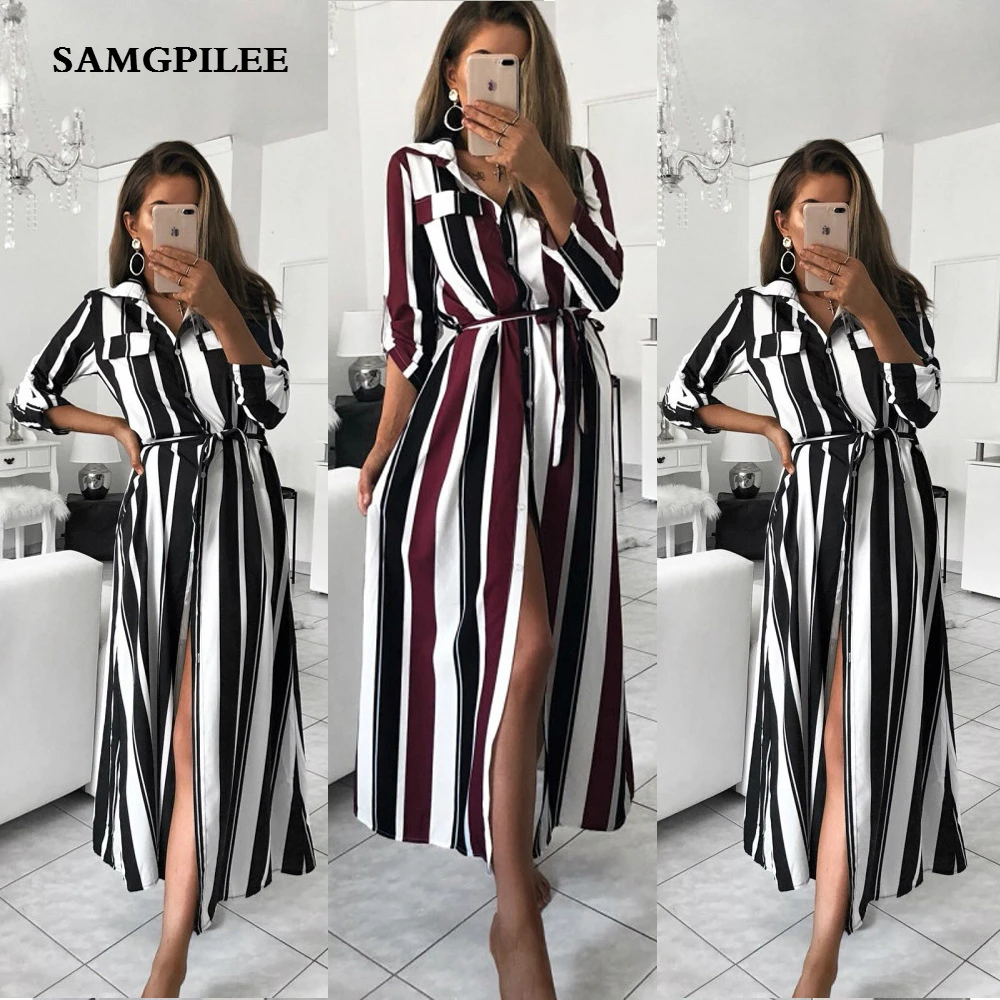 Samgpilee 2019 Office Lady Turn-Down Collar Button Lace Up Long Shirt Dress Women Autumn Spring Sleeve Stripe Maxi Dresses | Женская