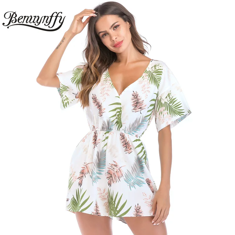 

Benuynffy Boho Print V Neck Rompers Womens Jumpsuit 2019 Summer Vacation Beach Casual Pocket Short Sleeve High Waist Playsuit